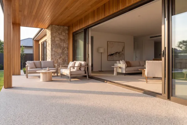 Porche cubierto con stone carpet: pavimento continuo de árido junto al salón exterior