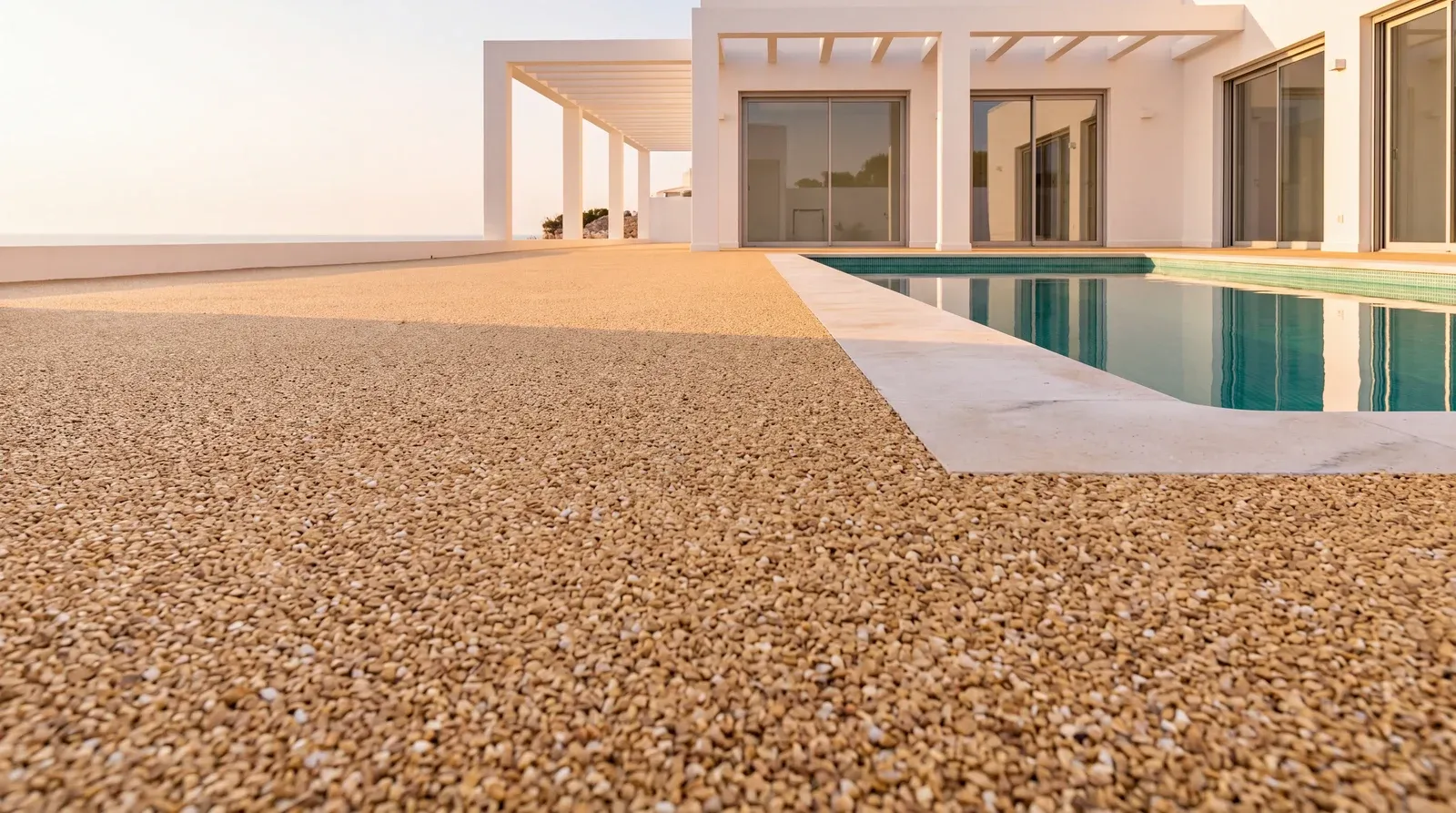 Terraza de piscina con stone carpet en tono arena: pavimento continuo junto al vaso